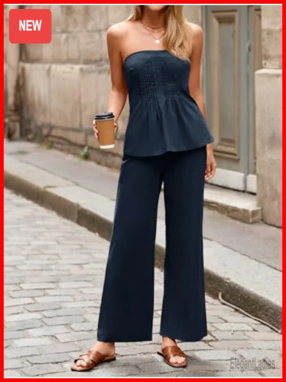 Strapless Tube Top Wide Leg Pants Matching Lounge Set 2 Piece
